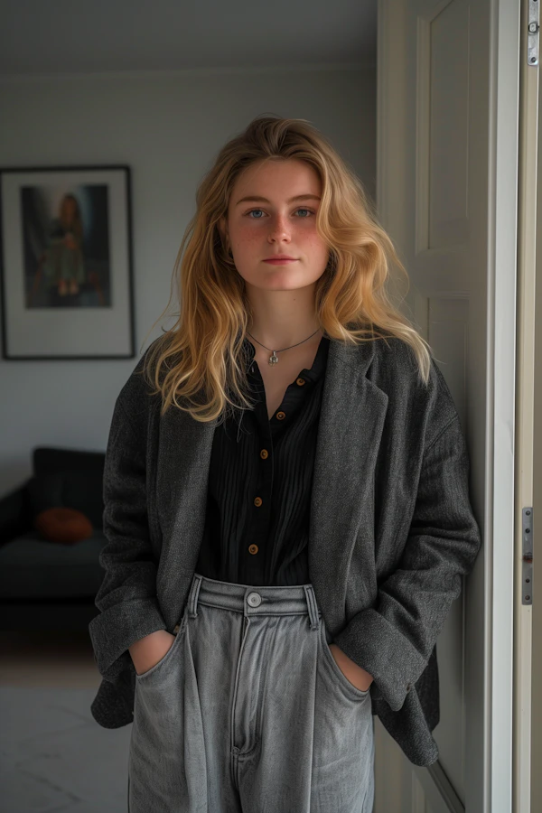 Contemplative Young Woman in Modern Interior