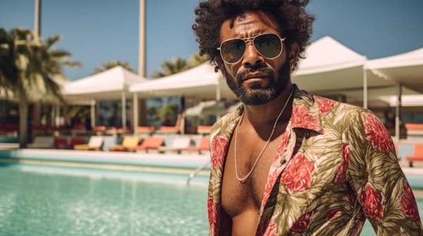 Man in Floral Shirt by Pool