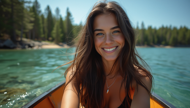 Woman in Canoe on Turquoise Lake