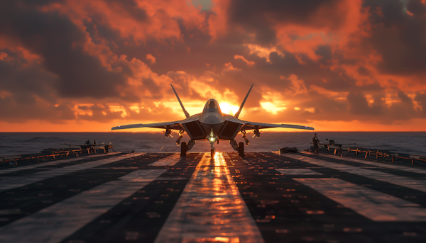 Sunset Takeoff Readiness on Aircraft Carrier