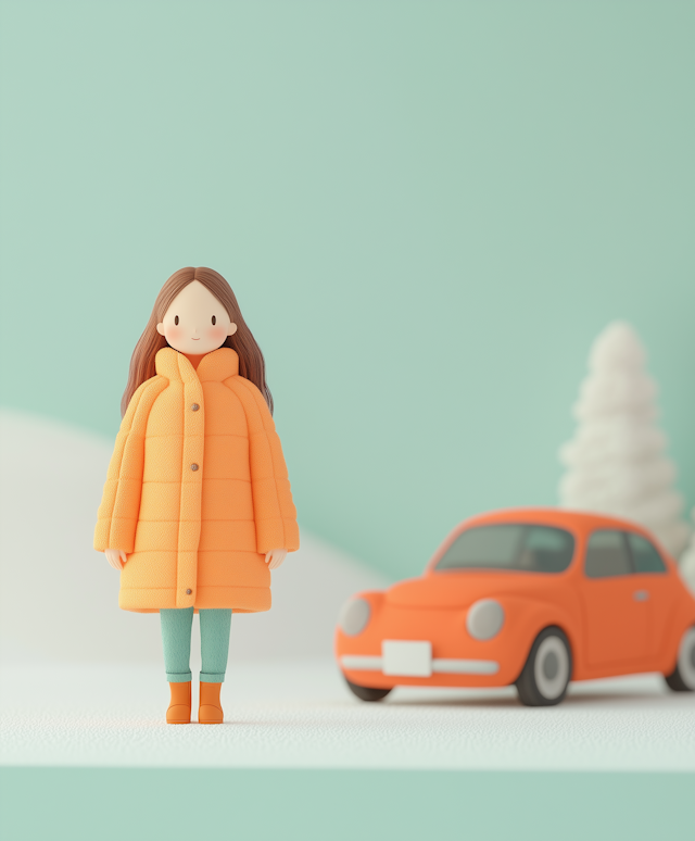 Stylized Character with Toy Car in Snowy Landscape