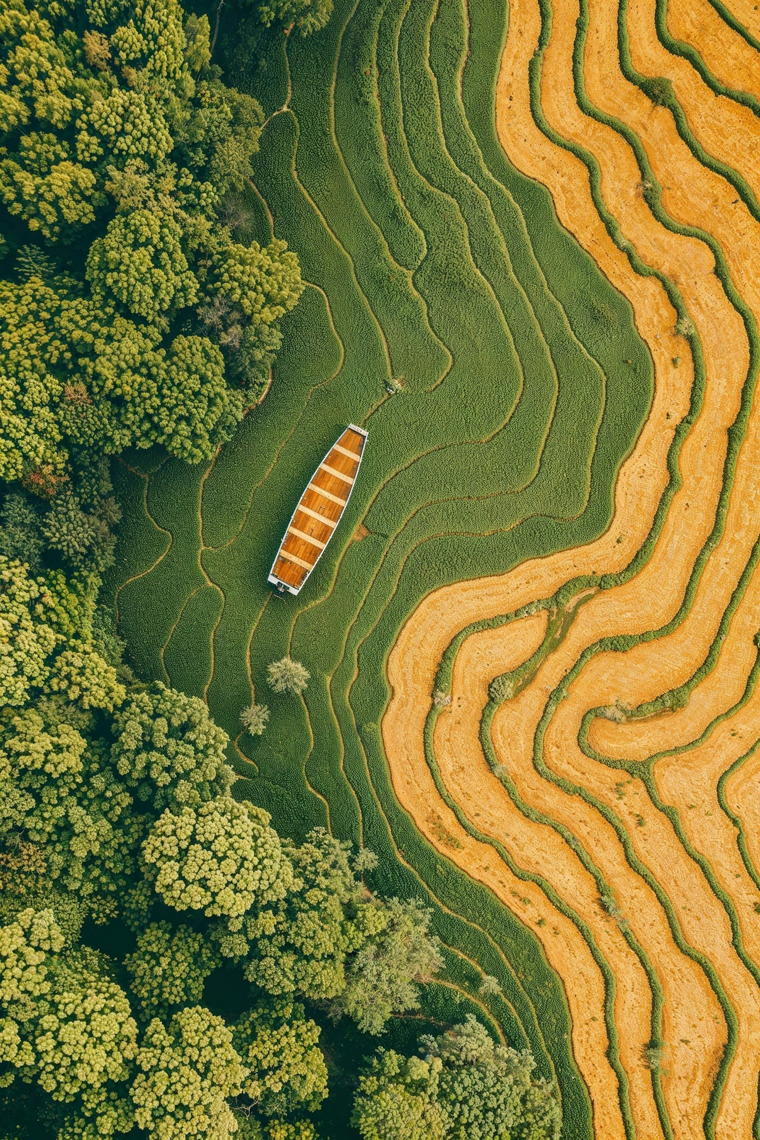 Aerial View of Terraced Fields with Orange Boat