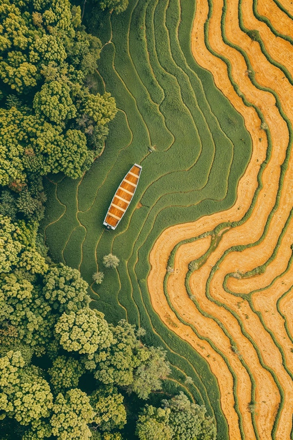 Aerial View of Terraced Fields with Orange Boat