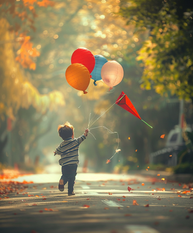 Child with Balloons and Kite