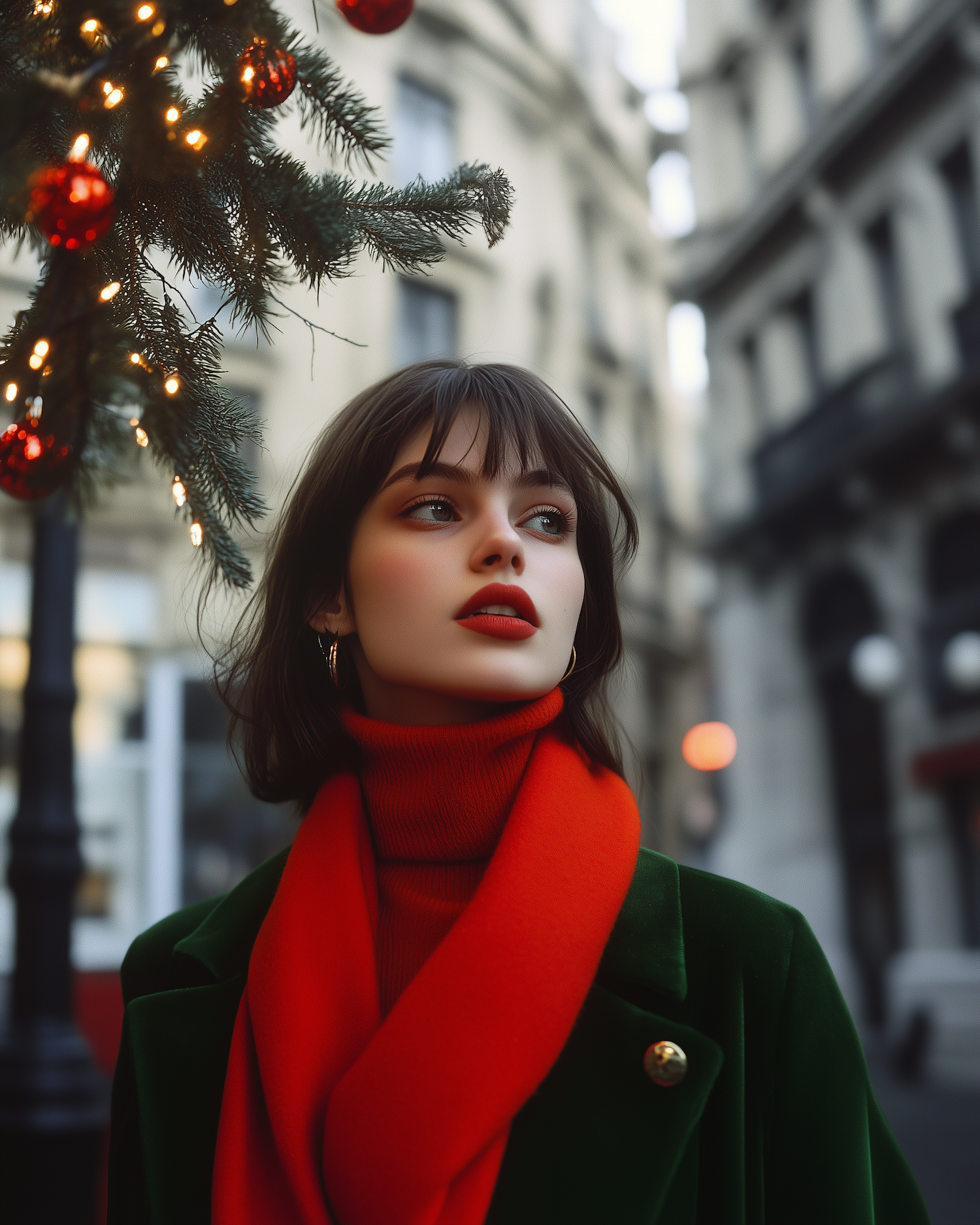 Thoughtful Woman in Festive Attire