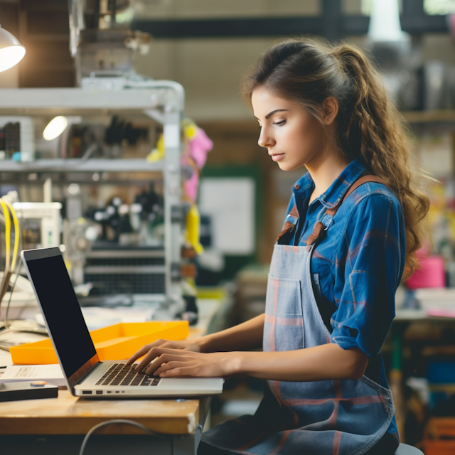 Focused Woman Working on Laptop in Workshop