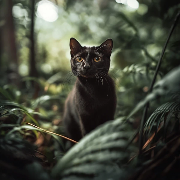 Sleek Black Cat in Lush Foliage