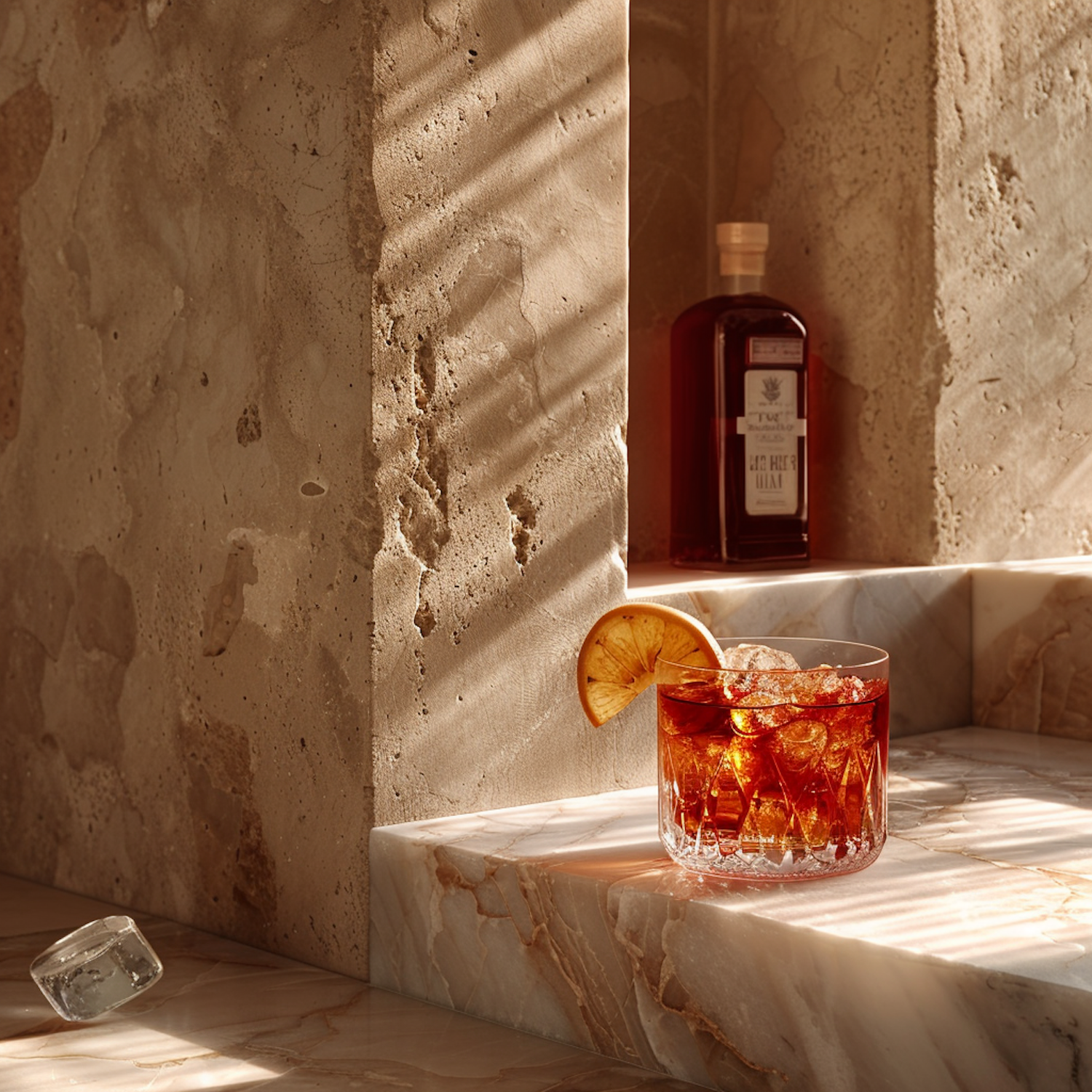 Whiskey Glass and Bottle in Warm Light