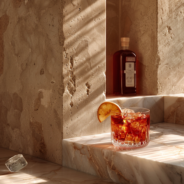 Whiskey Glass and Bottle in Warm Light