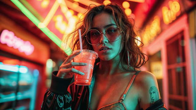 Young Woman in Neon-Lit City