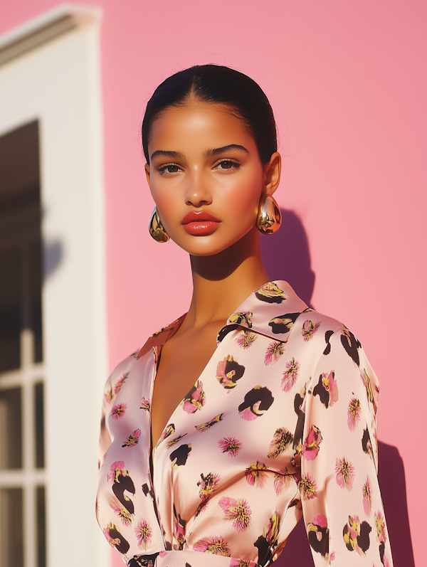 Serene Woman against Pink Background