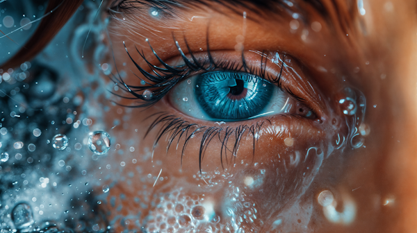 Close-up of Intensely Detailed Human Eye with Water Droplets