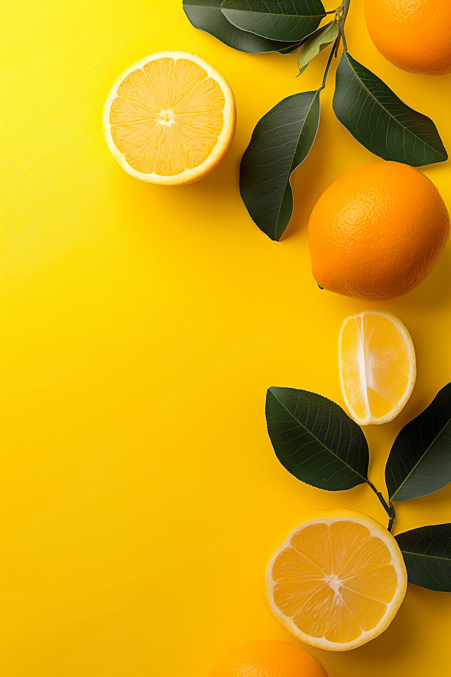 Vibrant Oranges and Slices on Yellow Background