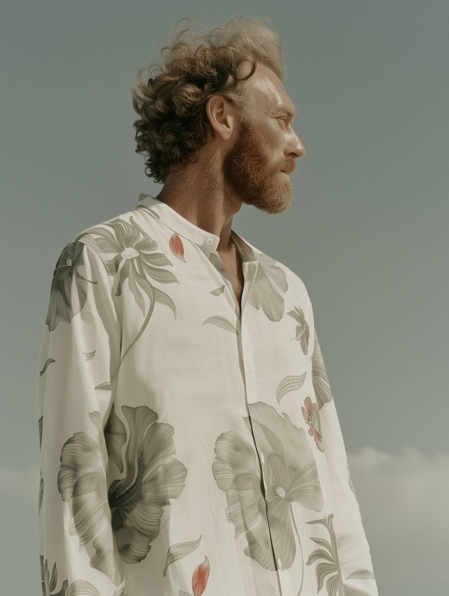 Contemplative Man in Floral Shirt