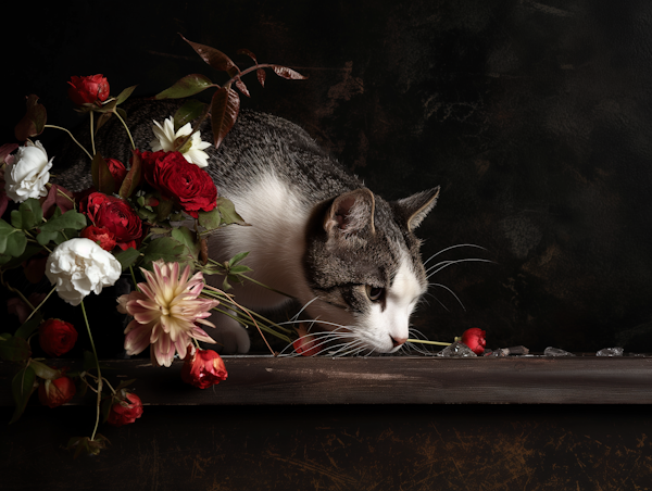 Elegance and Mystery - Cat Among Flowers