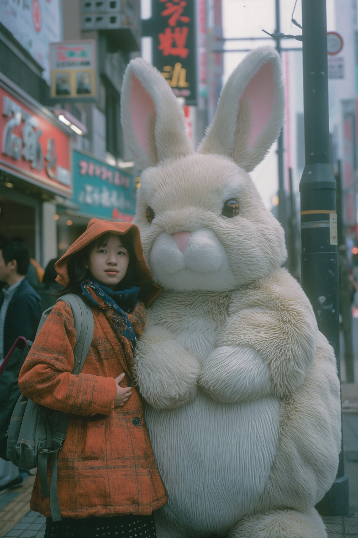 Girl and Anthropomorphic Rabbit in the City