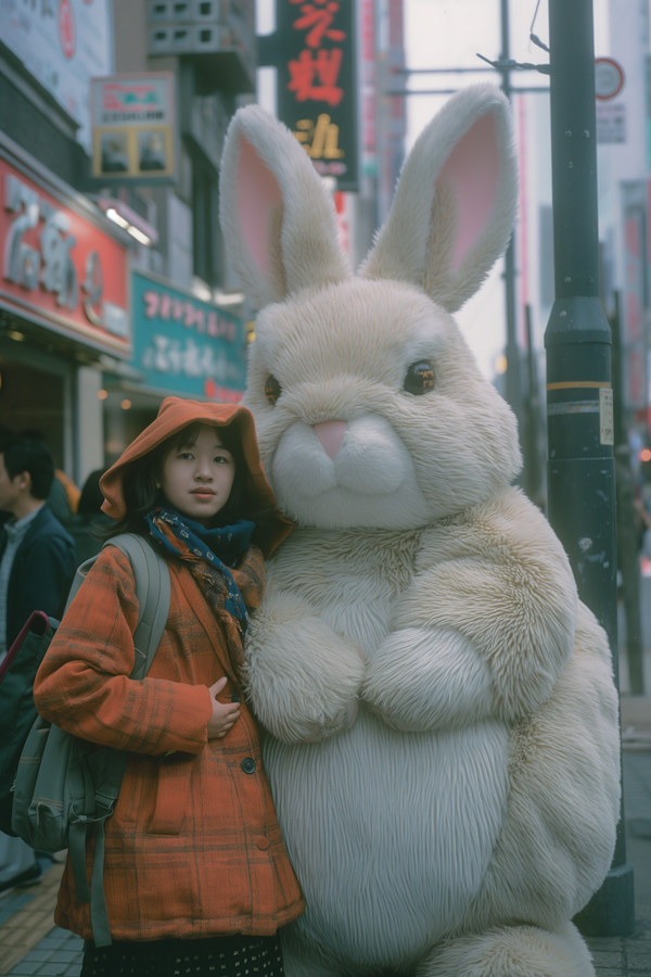 Girl and Anthropomorphic Rabbit in the City