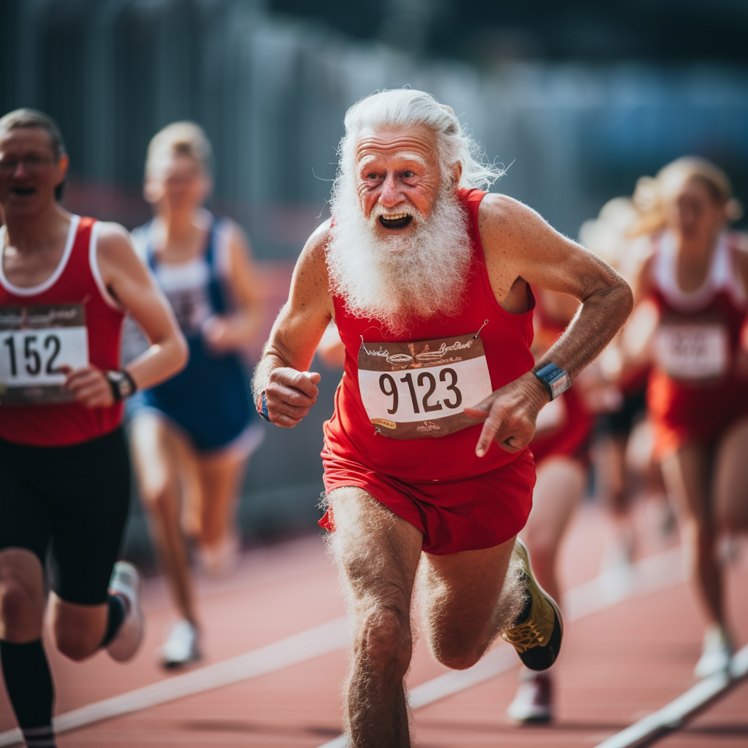 Elderly Athlete in Red Embodying Vigor and Joy