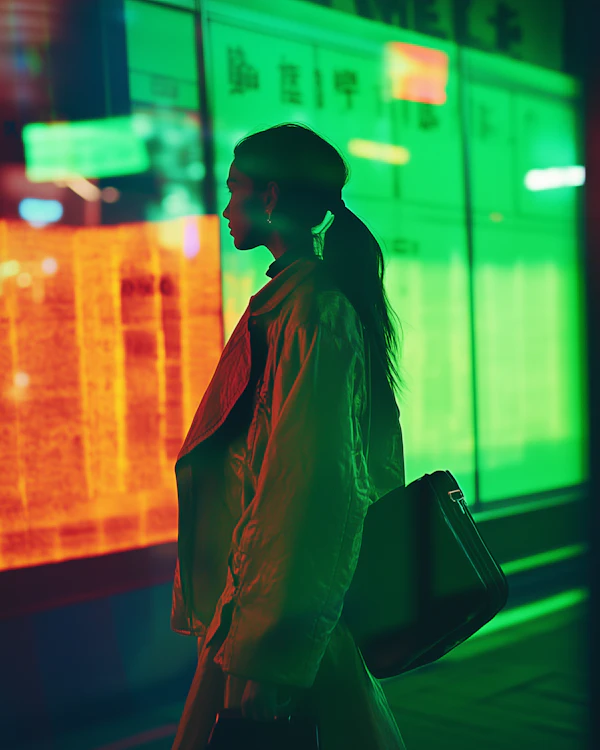 Silhouette of Woman Against Neon Background