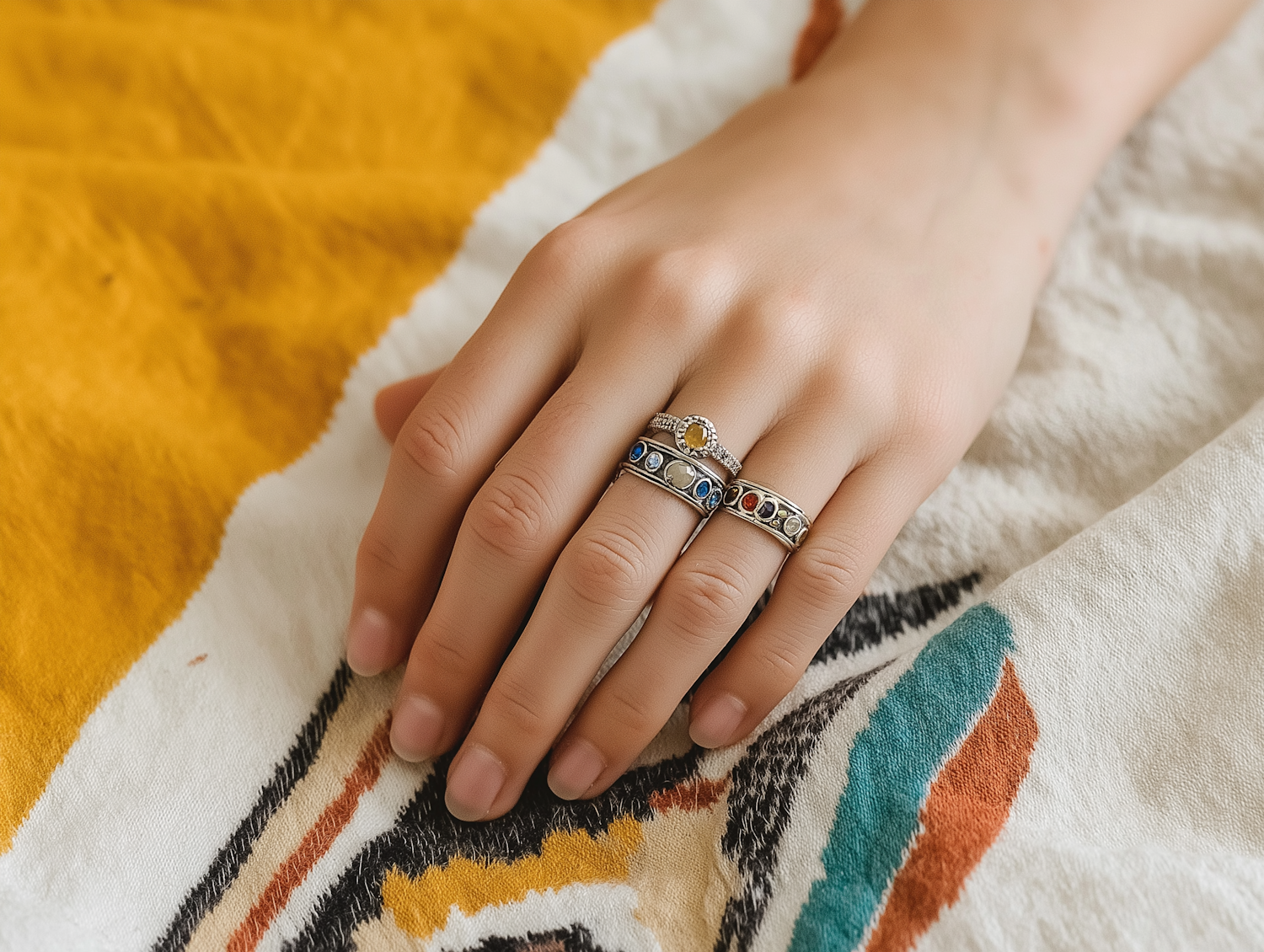 Hand with Gemstone Rings on Patterned Fabric