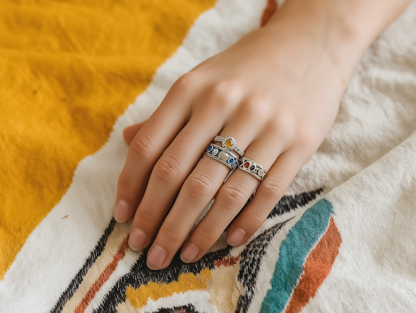 Hand with Gemstone Rings on Patterned Fabric