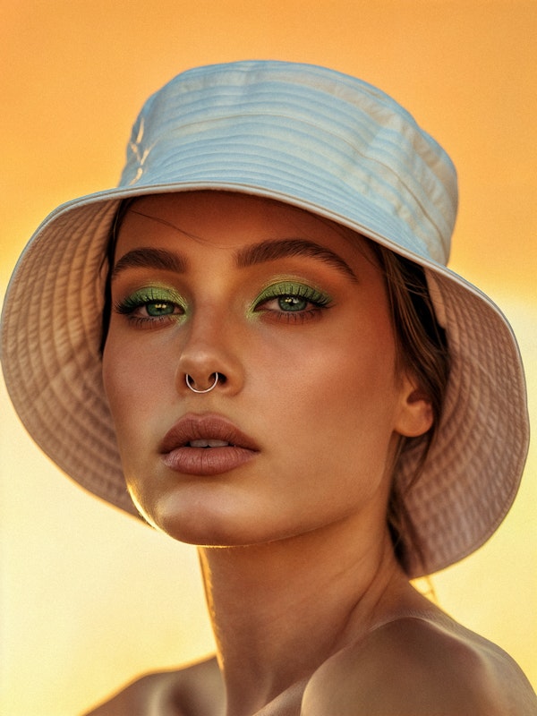 Contemplative Woman with Pastel Blue Hat