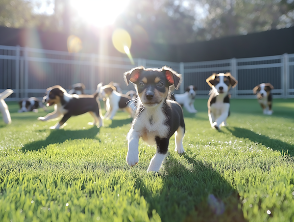 Playful Puppies in Sunlit Enclosure