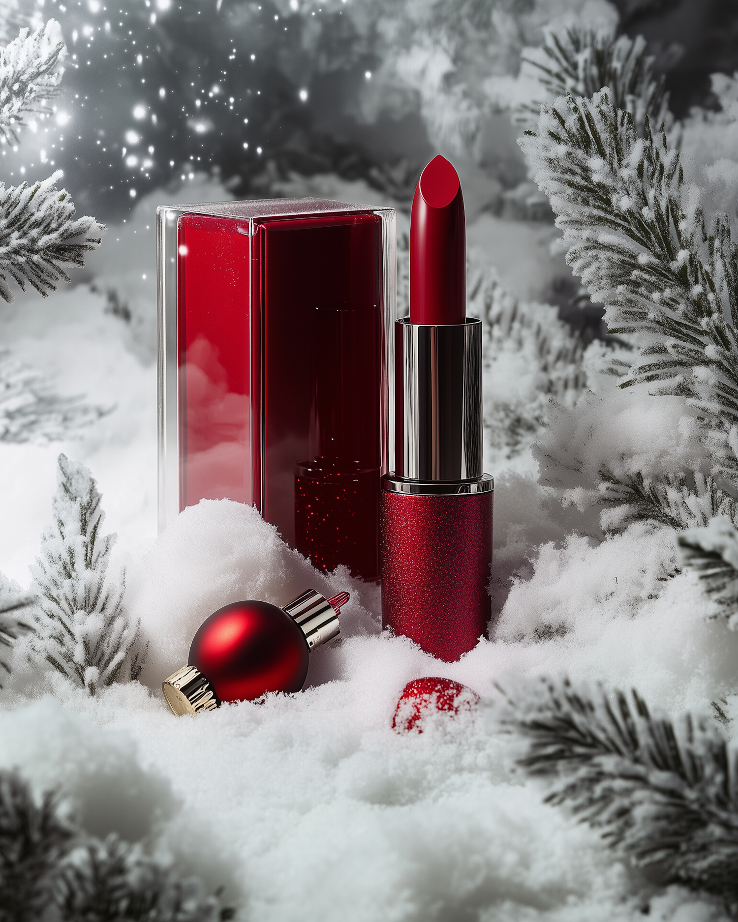 Festive Red Lipstick in Snowy Setting