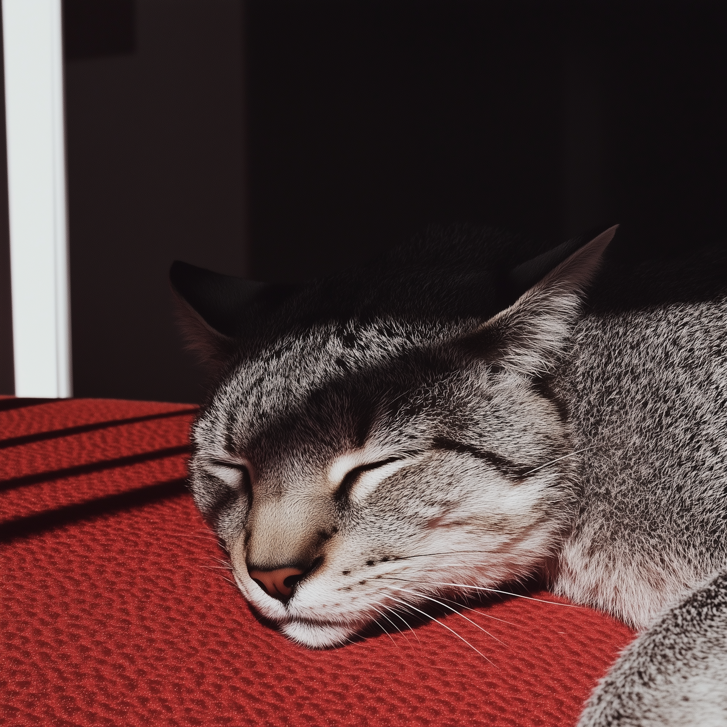 Sleeping Cat on Red Surface