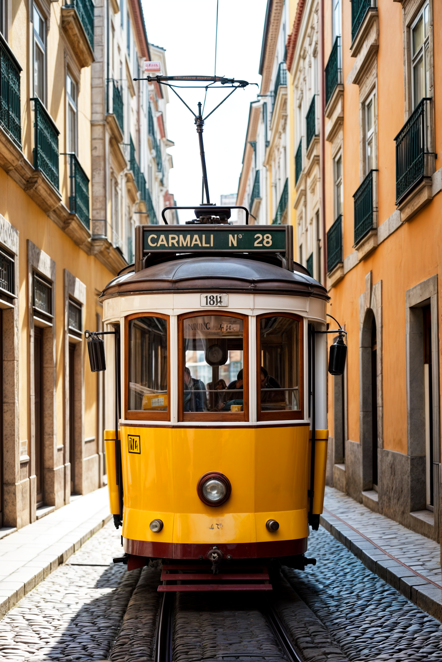 Classic Yellow Tram on Cobblestone Street