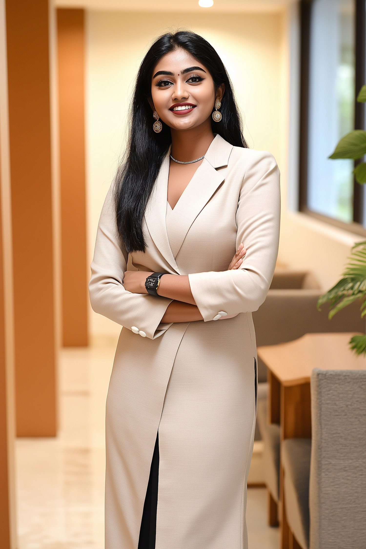 Confident Woman in Beige Blazer