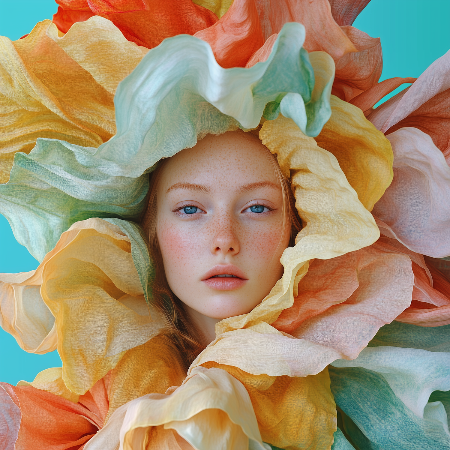 Serene Woman with Petal-like Fabric