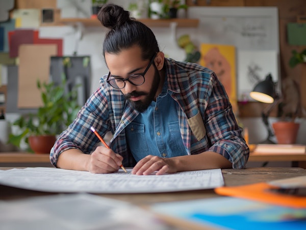 Scholarly Man Focused on Drafting Document