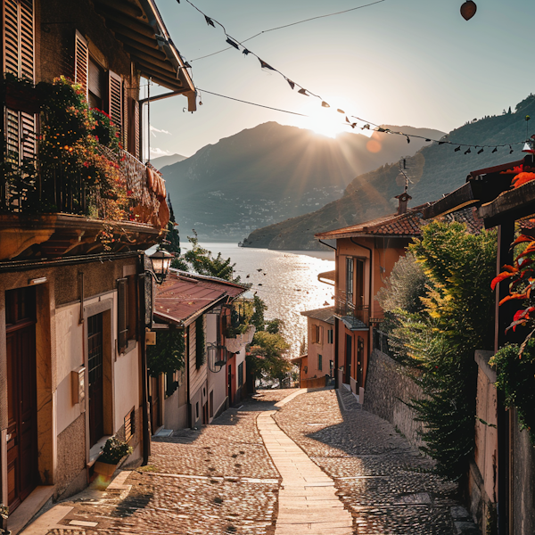 Sunlit Cobblestone Street by Lakeside Village