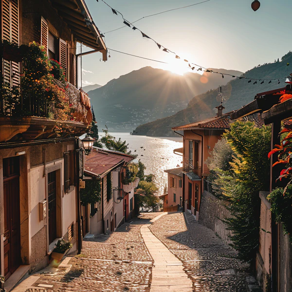 Sunlit Cobblestone Street by Lakeside Village