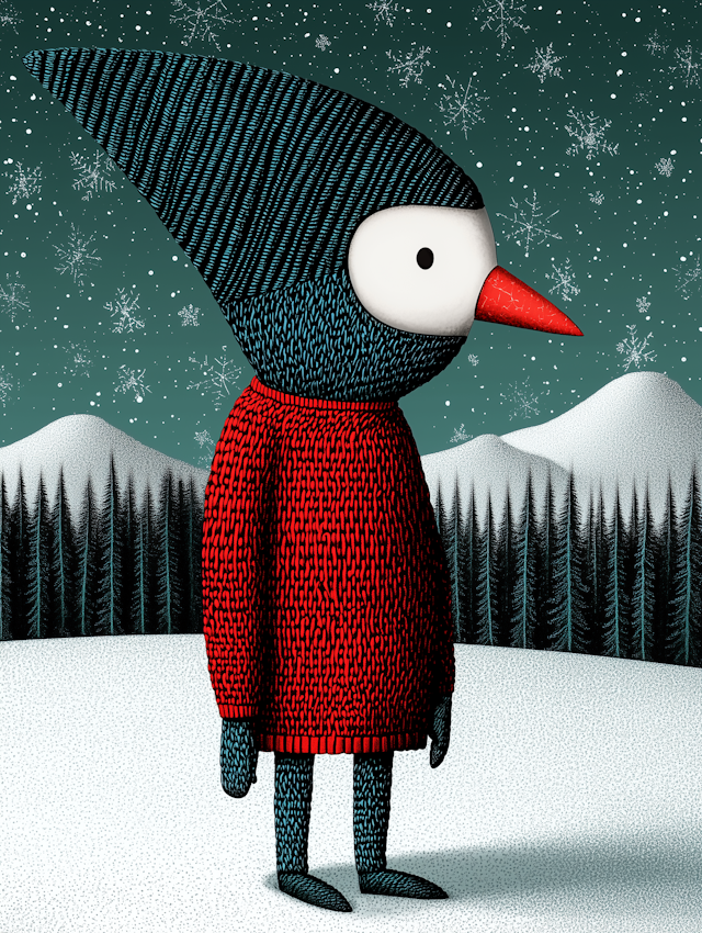 Whimsical Bird-like Character in Snowy Landscape