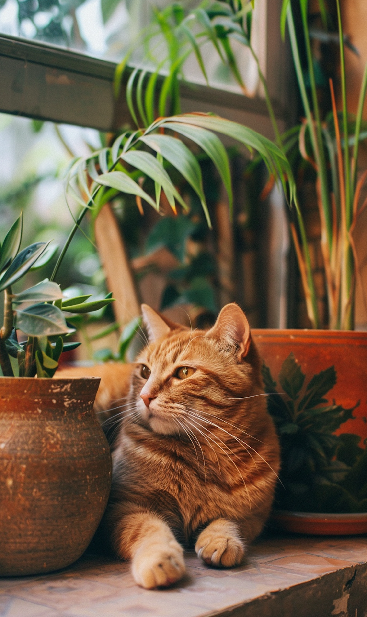 Tranquil Ginger Cat Amidst Houseplants