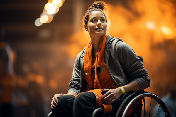 Contemplative Woman in Orange with Wheelchair