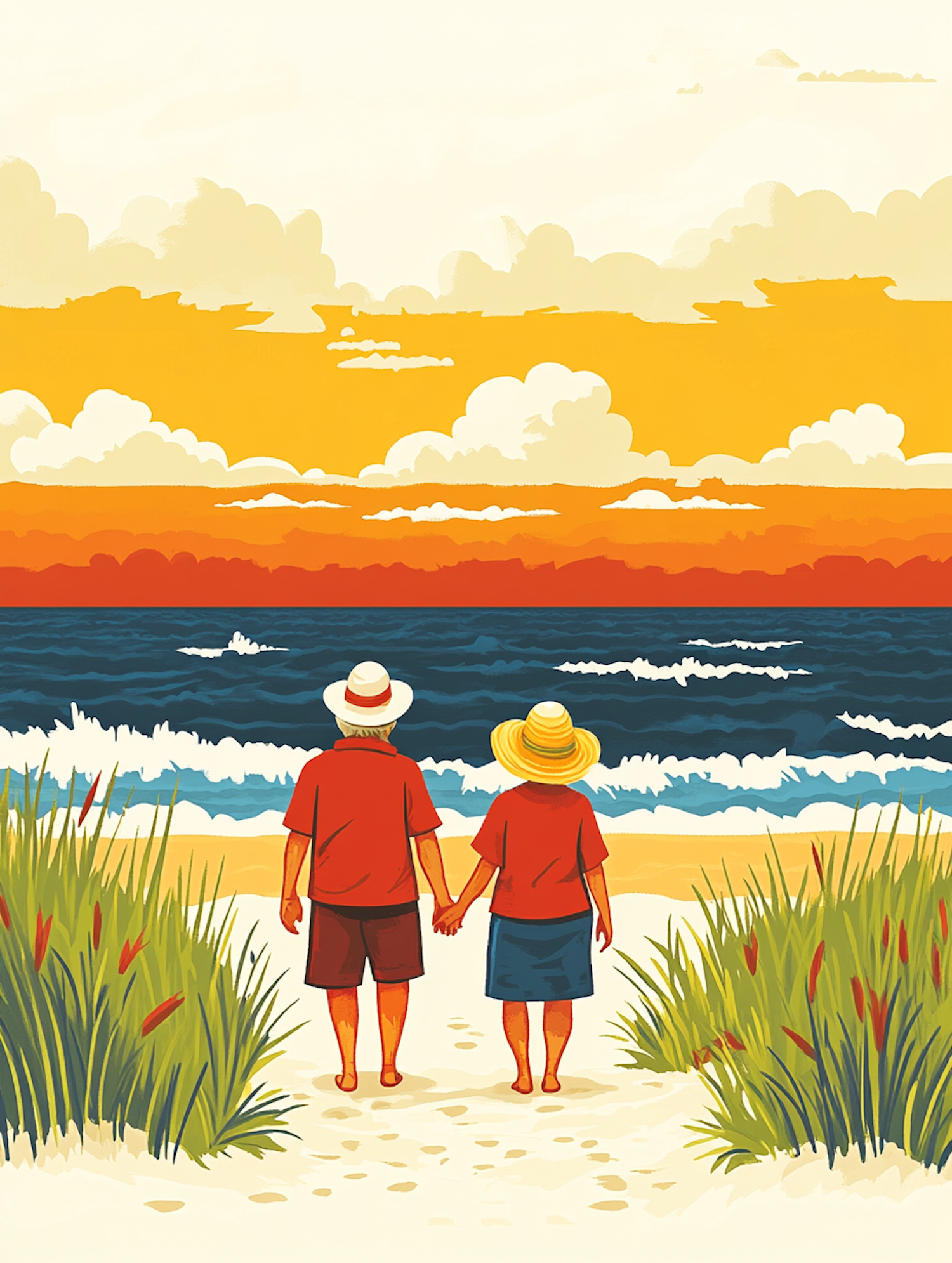 Elderly Couple on Beach at Sunset