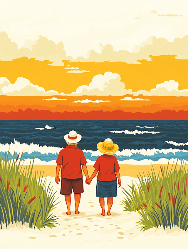 Elderly Couple on Beach at Sunset