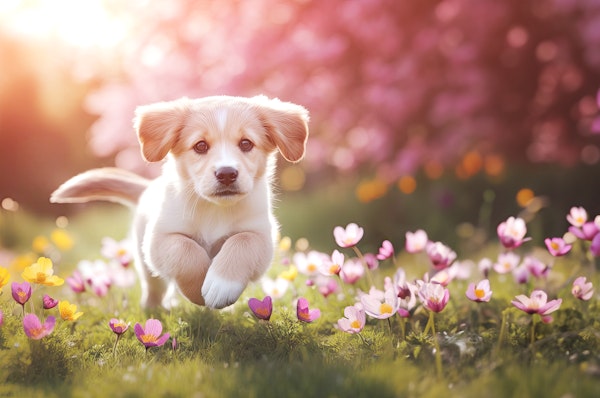 Puppy in Mid-Leap Over Flowers