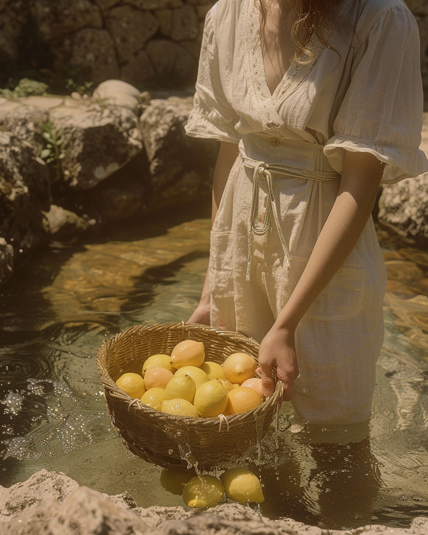 Young Woman with Basket of Lemons by Water