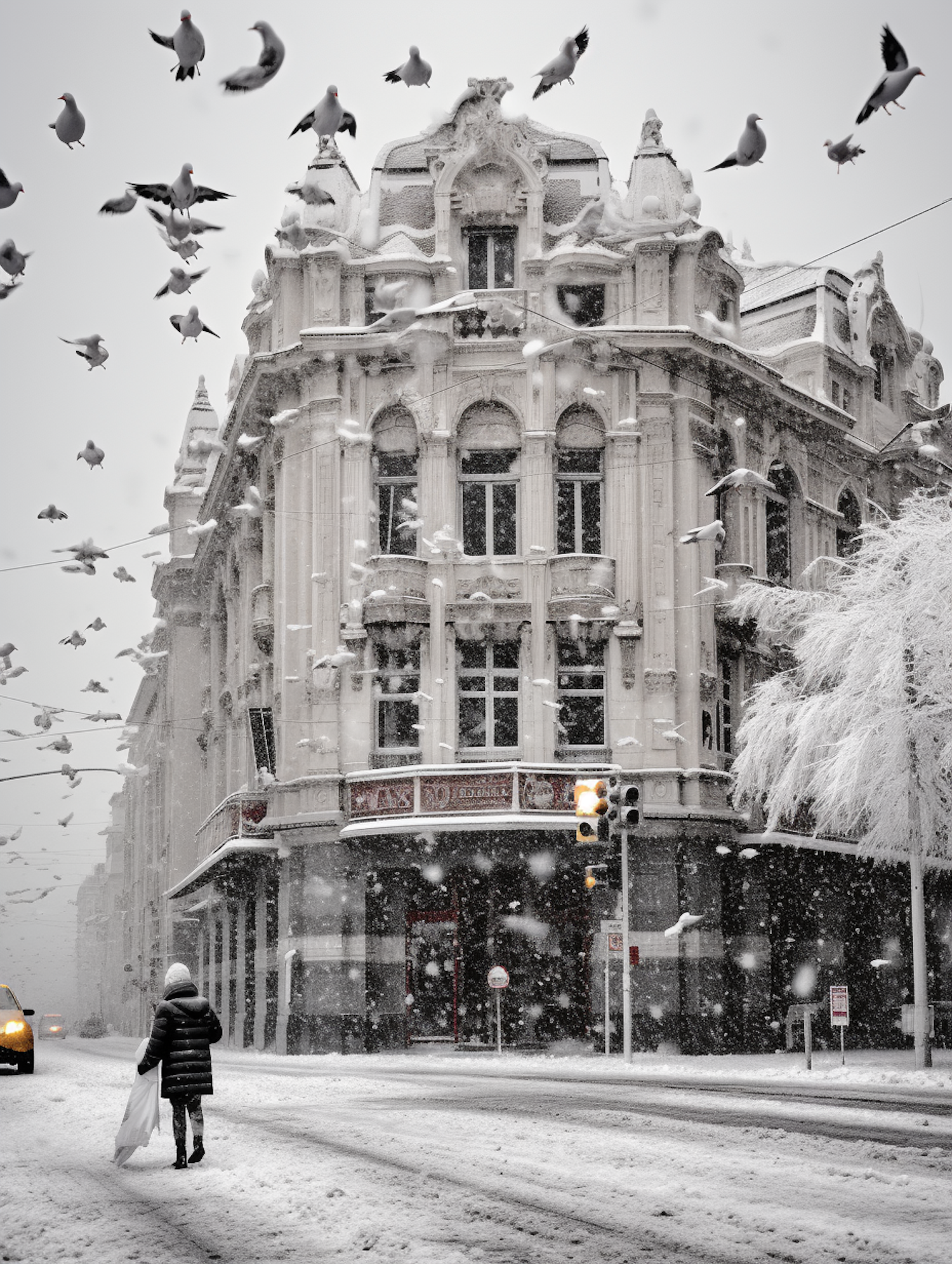 Winter Commute by the Ornate Facade