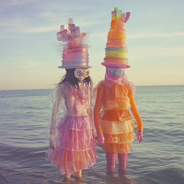 Surreal Costumed Figures in Shallow Water