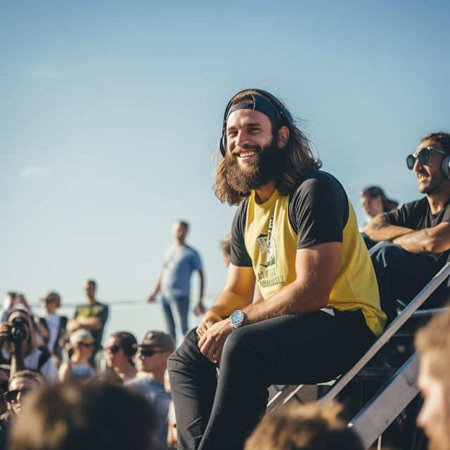 Bearded Man in Black and Yellow at Outdoor Gathering