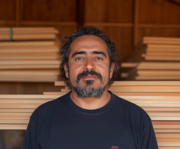Man in Workshop with Wooden Planks
