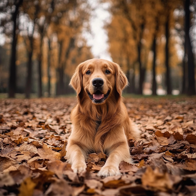 Golden Retriever in Autumn Leaves