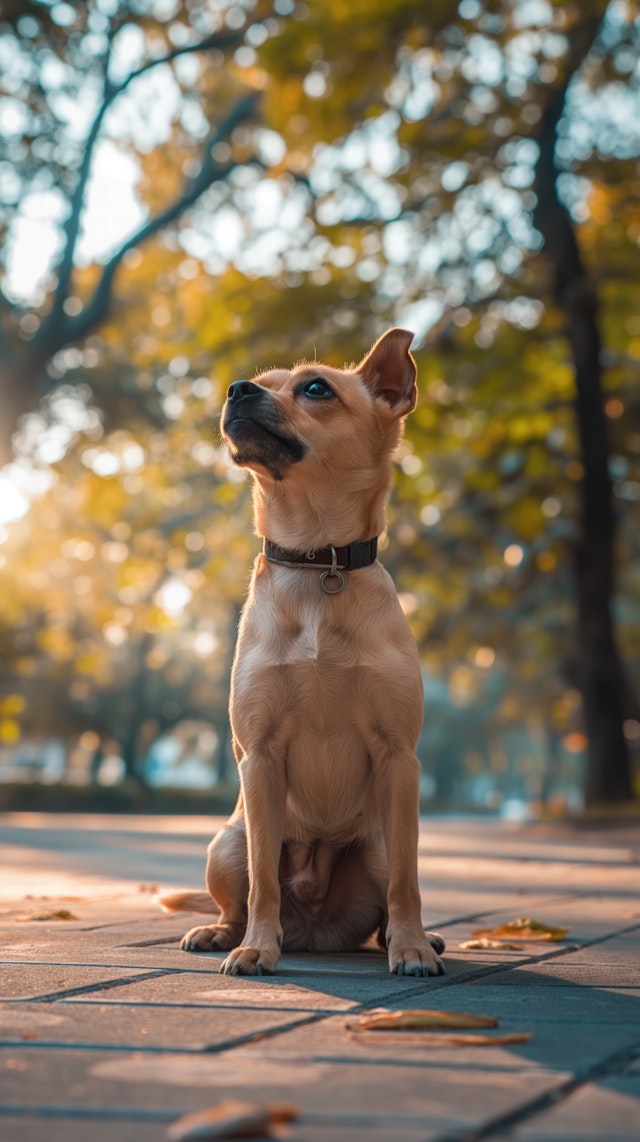 Attentive Light-Brown Dog on Tiled Path