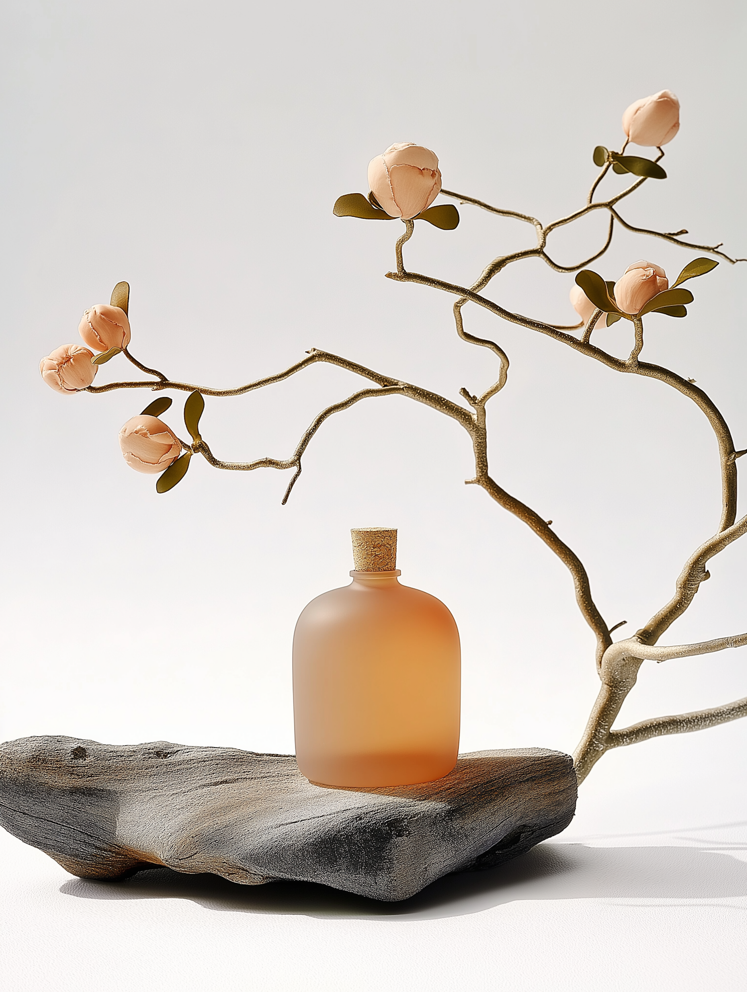 Minimalist Composition with Glass Bottle and Blossoms