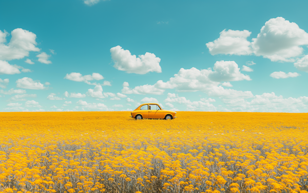 Vintage Car Amidst a Field of Yellow Flowers